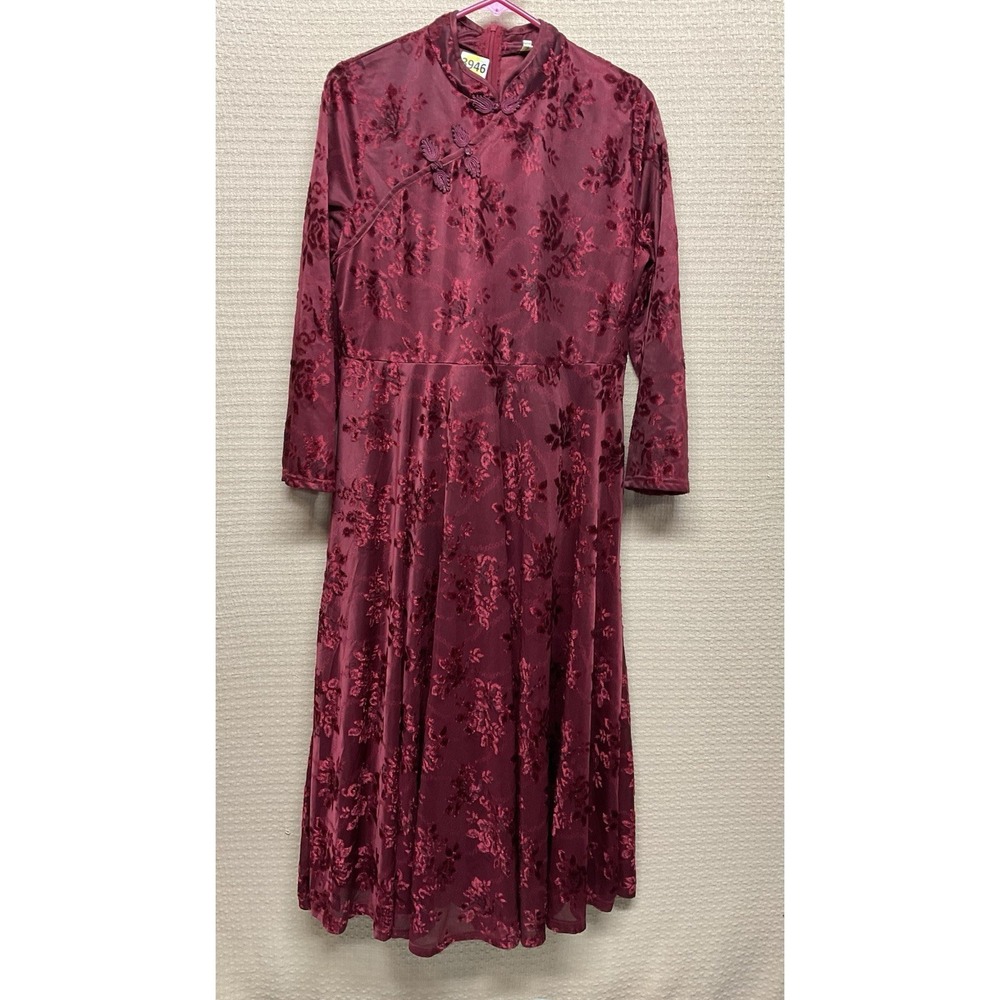 Chinese Qipao Cheongsam Dress Cherry Red Floral Burnout Velvet Size‎ Medium